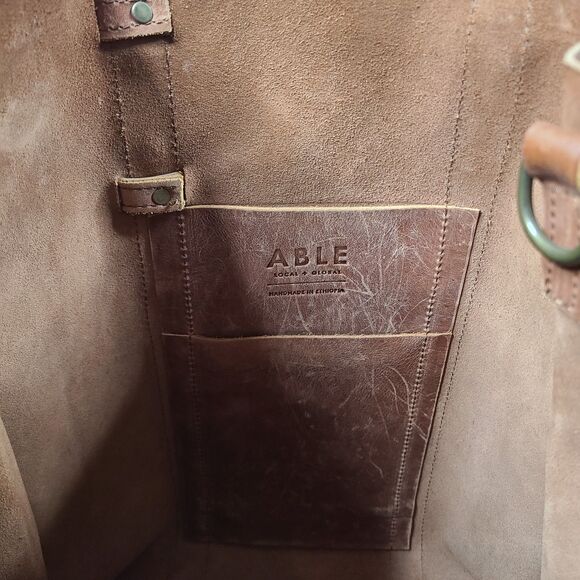 Able Brown Genuine Leather North South Tote Bag With Long Strap - Picture 8 of 12